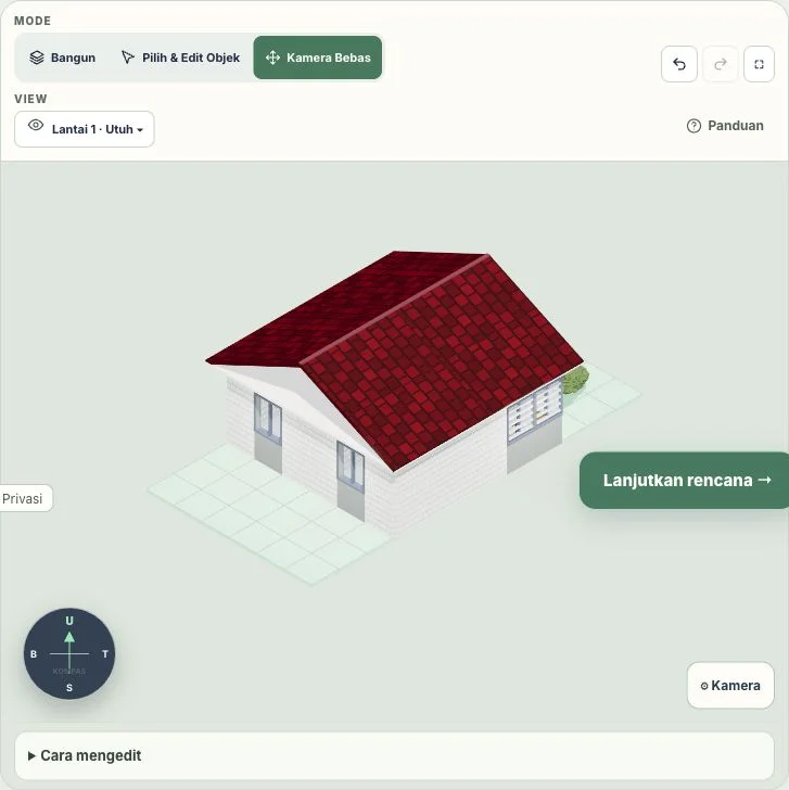 Mode Kamera Bebas pada contoh rumah sederhana.
