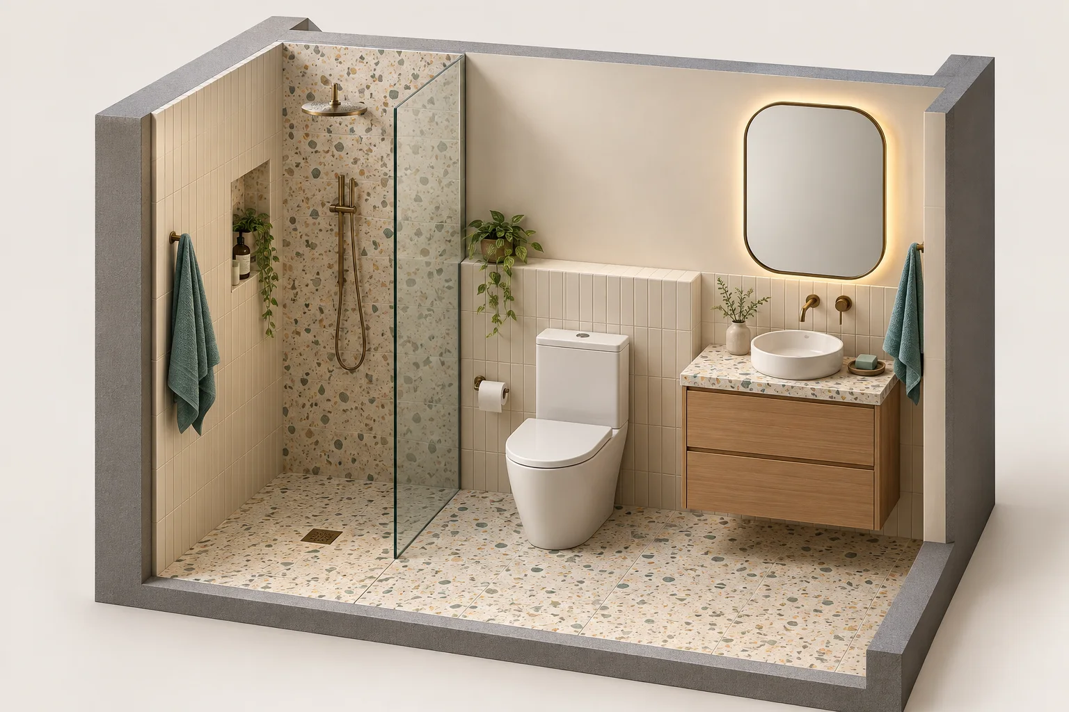 Ilustrasi kamar mandi kompak terbuka dengan shower dan wastafel